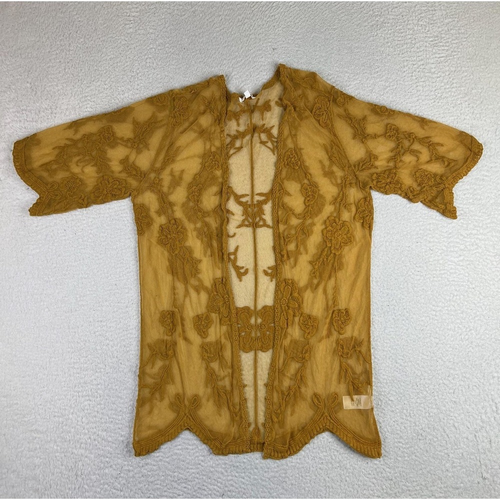 Maurices Kimono Blouse Womens SM Yellow Sheer Floral Embroidered Mesh Top 442314